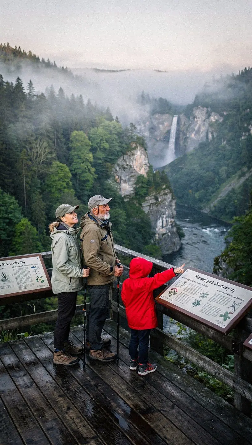 Hikers resting at a designated viewpoint overlooking Slovakian landscape, emphasizing structured route planning and accessible rest locations.